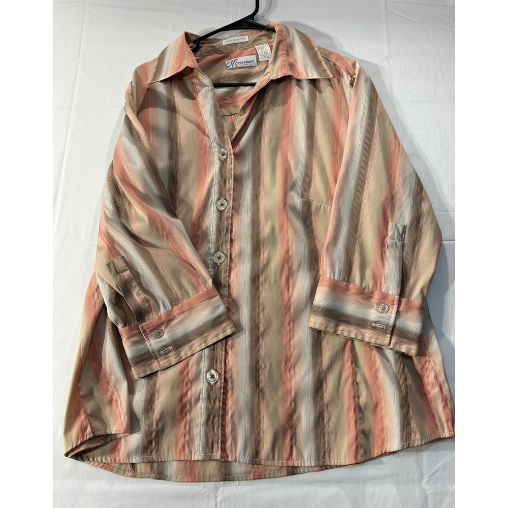 Dressbarn Woman Striped Button Up Blouse Coral Brown 3/4 Sleeve Plus 18W/20W